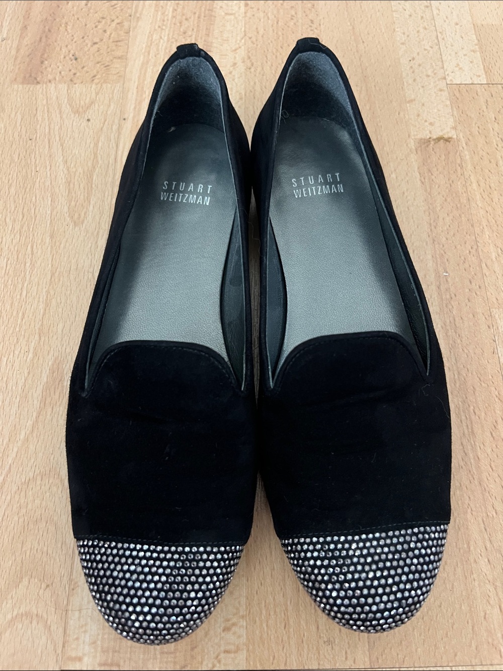 Stuart Weitzman Black Suede Flats with Crystal-Stud Toe